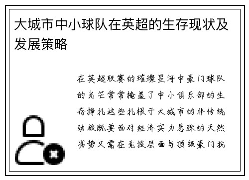 大城市中小球队在英超的生存现状及发展策略