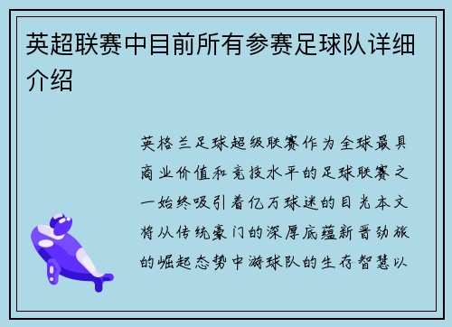 英超联赛中目前所有参赛足球队详细介绍